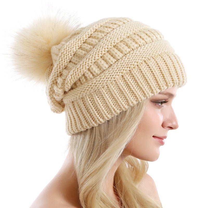 QUEENFUR Women Knit Slouchy Beanie Chunky Baggy Hat with Faux Fur Pompom Winter Soft Warm Ski Cap - Image 4